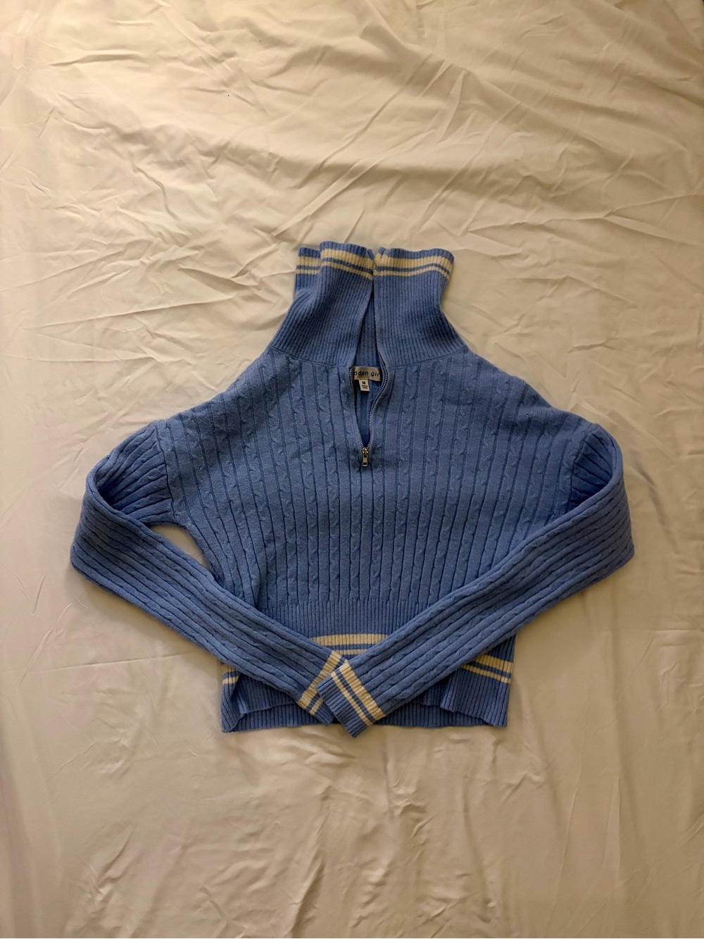 Madden Girl Light Blue Ribbed Quarter-Zip Sweater with Cream Trim